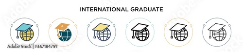 International graduate icon in filled, thin line, outline and stroke style. Vector illustration of two colored and black international graduate vector icons designs can be used for mobile, ui, web