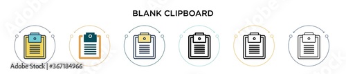 Blank clipboard icon in filled, thin line, outline and stroke style. Vector illustration of two colored and black blank clipboard vector icons designs can be used for mobile, ui, web