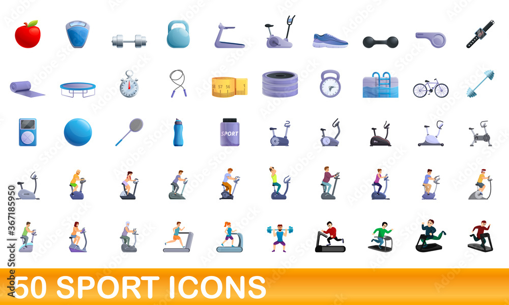 Fototapeta premium 50 sport icons set. Cartoon illustration of 50 sport icons vector set isolated on white background