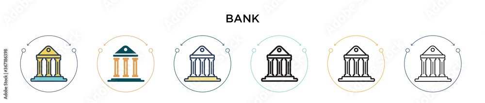 Bank symbol icon in filled, thin line, outline and stroke style. Vector illustration of two colored and black bank symbol vector icons designs can be used for mobile, ui, web