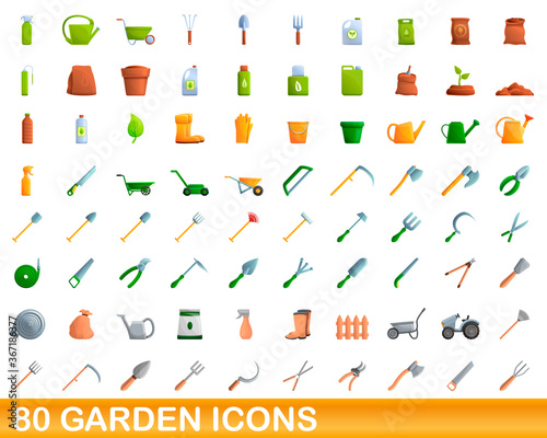 80 garden icons set. Cartoon illustration of 80 garden icons vector set isolated on white background