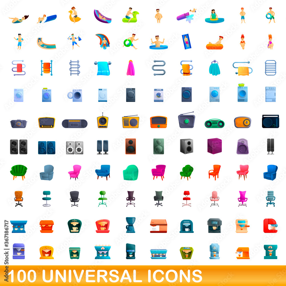 100 universal icons set. Cartoon illustration of 100 universal icons vector set isolated on white background 100 universal icons set. Cartoon illustration of 100 universal icons vector set isolated on white background