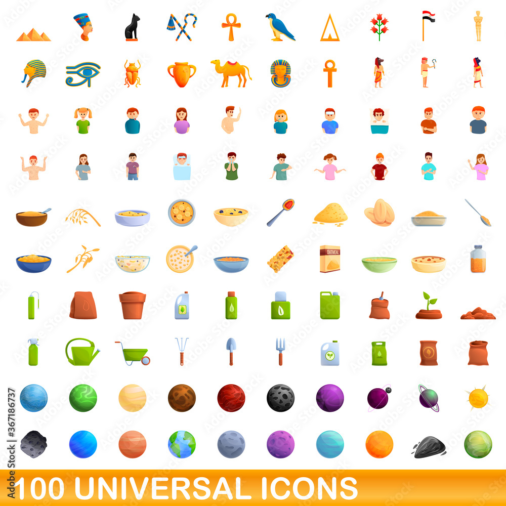 100 universal icons set. Cartoon illustration of 100 universal icons vector set isolated on white background