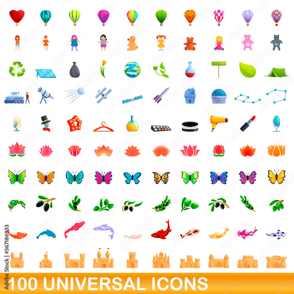 100 universal icons set. Cartoon illustration of 100 universal icons vector set isolated on white background