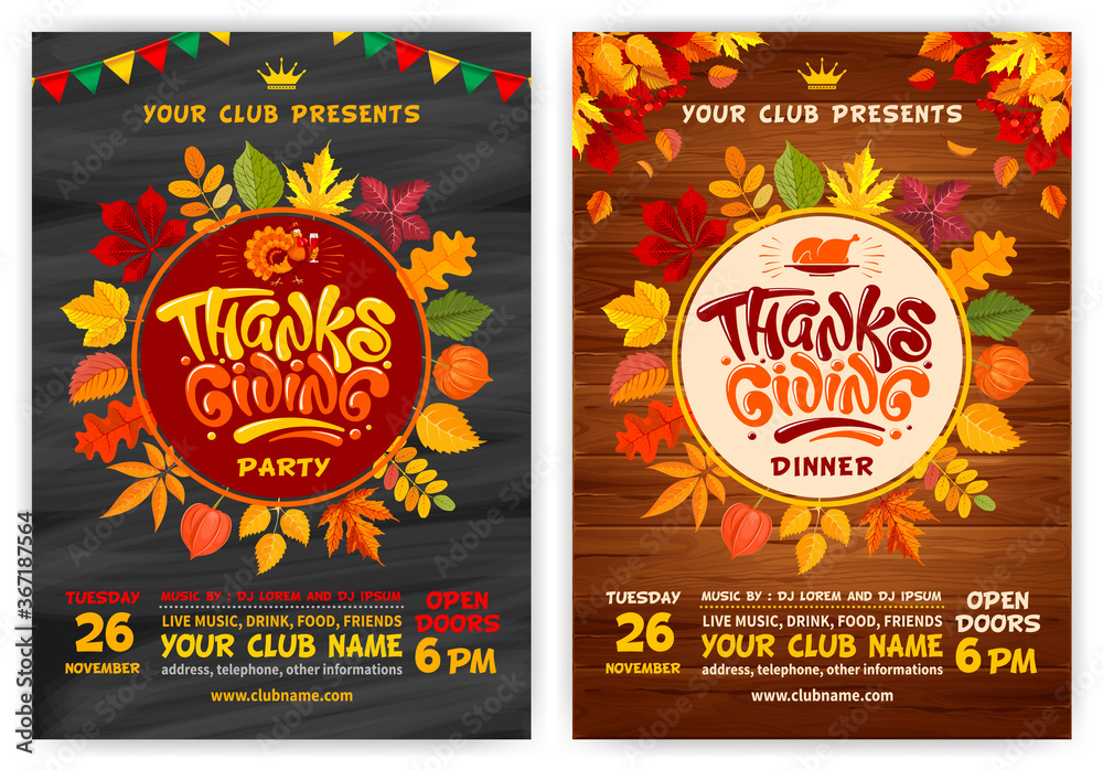 Set of vector templates for flyers or posters on Thanksgiving Day. Black chalkboard and wooden background with autumn leaves. Cheerful turkey, calligraphic inscription Thanksgiving and space for text.