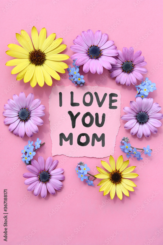 Text I love you mom with flowers on pink background. Stock Photo | Adobe  Stock