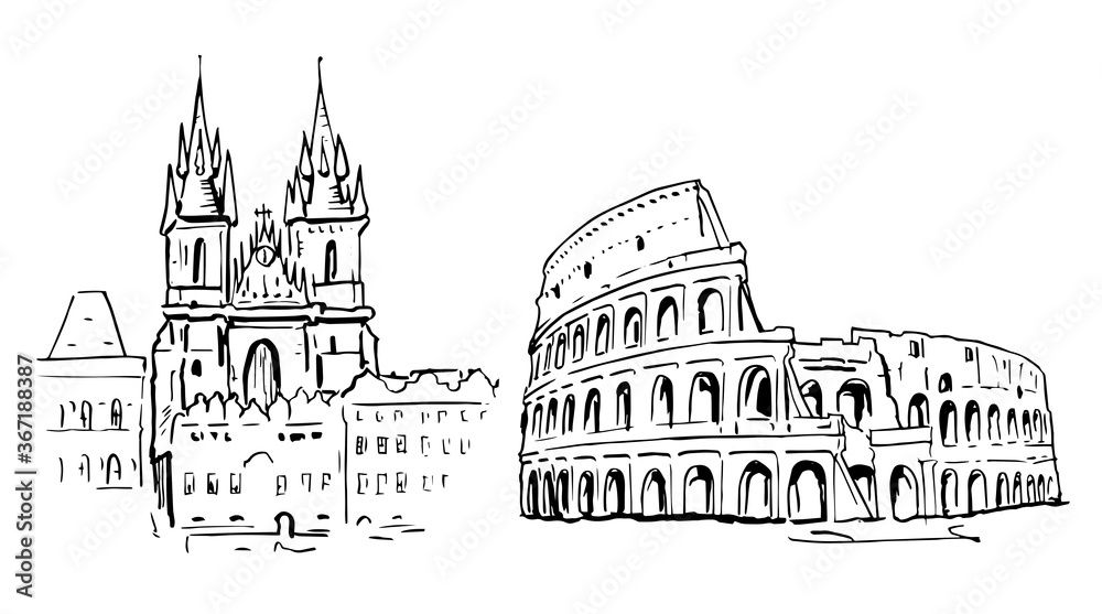 Hand-drawn sketch of sights: Church of Mother of God before Týn and Coliseum.