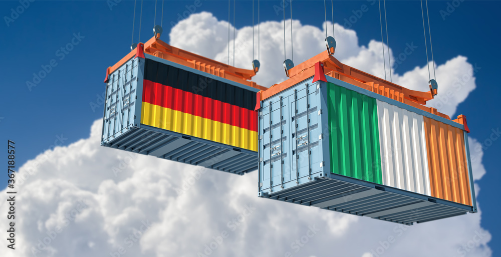 Freight containers with German and Ireland flag. 3D Rendering 