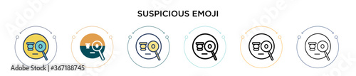 Suspicious emoji icon in filled, thin line, outline and stroke style. Vector illustration of two colored and black suspicious emoji vector icons designs can be used for mobile, ui, web