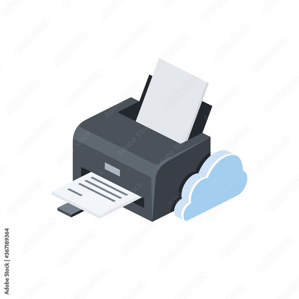 Printer cloud. Vector 3d isometric, color web icons set, new flat style. Creative illustration, idea for infographics.