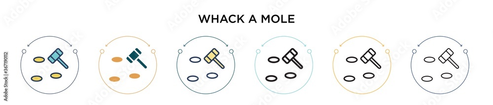Whack a mole icon in filled, thin line, outline and stroke style. Vector illustration of two colored and black whack a mole vector icons designs can be used for mobile, ui, web - obrazy, fototapety, plakaty 