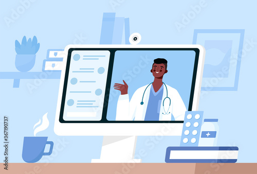 Online medical consultation, support. Online doctor. Healthcare services. Family male doctor with stethoscope on the computer screen. Vector illustration for websites landing page templates. © Oleksandra Bezverkha
