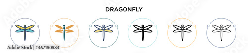 Dragonfly icon in filled, thin line, outline and stroke style. Vector illustration of two colored and black dragonfly vector icons designs can be used for mobile, ui, web