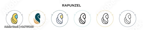 Rapunzel icon in filled, thin line, outline and stroke style. Vector illustration of two colored and black rapunzel vector icons designs can be used for mobile, ui, web