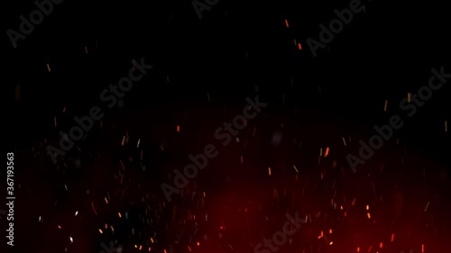 Burning Hot Sparks Rising from Large Fire in Night Sky. Abstract Isolated Fire Glowing Particles on Black Background Slow Motion. Moving Side. 4k Ultra HD 3840x2160.