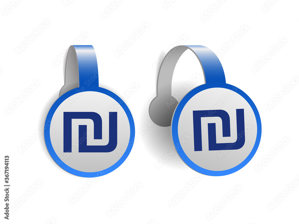 Israeli shekel symbol on Blue advertising wobblers. Israeli shekel symbol on Blue advertising wobblers.