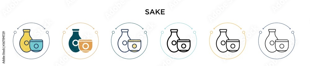 Sake icon in filled, thin line, outline and stroke style. Vector illustration of two colored and black sake vector icons designs can be used for mobile, ui, web