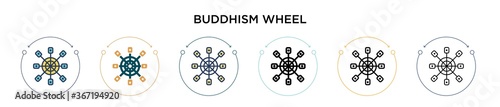 Buddhism wheel icon in filled, thin line, outline and stroke style. Vector illustration of two colored and black buddhism wheel vector icons designs can be used for mobile, ui, web