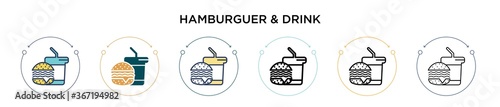 Hamburguer & drink icon in filled, thin line, outline and stroke style. Vector illustration of two colored and black hamburguer & drink vector icons designs can be used for mobile, ui, web
