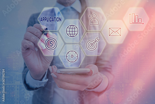 Word writing text Application. Business photo showcasing computer program that is designed for a particular purpose Grids and different set up of the icons latest digital technology concept