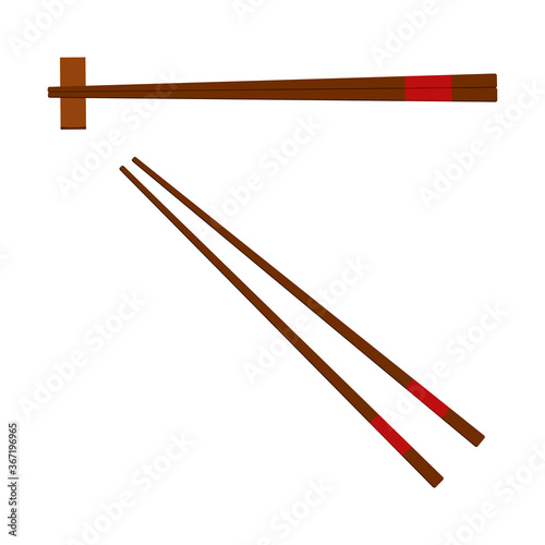 Chinese wooden chopsticks icon set isolated on white background. Pair of chopsticks with and without stand hashioki symbol for food apps, menu. Flat design cartoon style vector illustration.