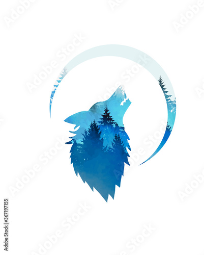 The wolf symbol howling on the moon. Vector illustration