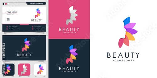Beauty logo for woman with unique style and business card design template, leaf, woman, beauty, face, leaf, modern, Premium Design