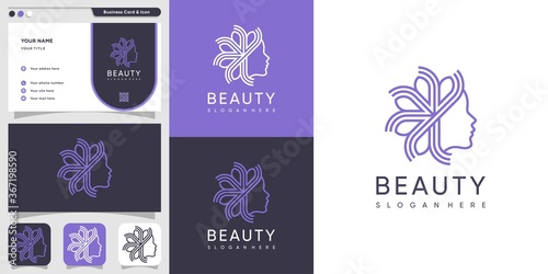 Beauty logo for woman with line art style and business card design template, leaf, woman, beauty, face, line art, Premium Design
