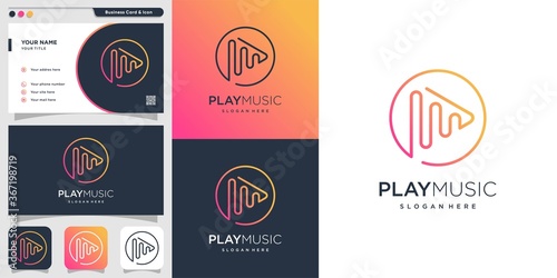 Play music logo with line art gradient style and business card design template, gradient, music, play, line art, simple, Premium Vector
