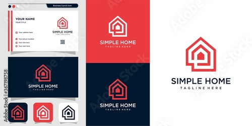 Simple home logo with outline style and business card design, home, real estate, line art, outline, Premium Vector
