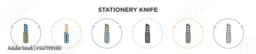 Stationery knife icon in filled, thin line, outline and stroke style. Vector illustration of two colored and black stationery knife vector icons designs can be used for mobile, ui, web