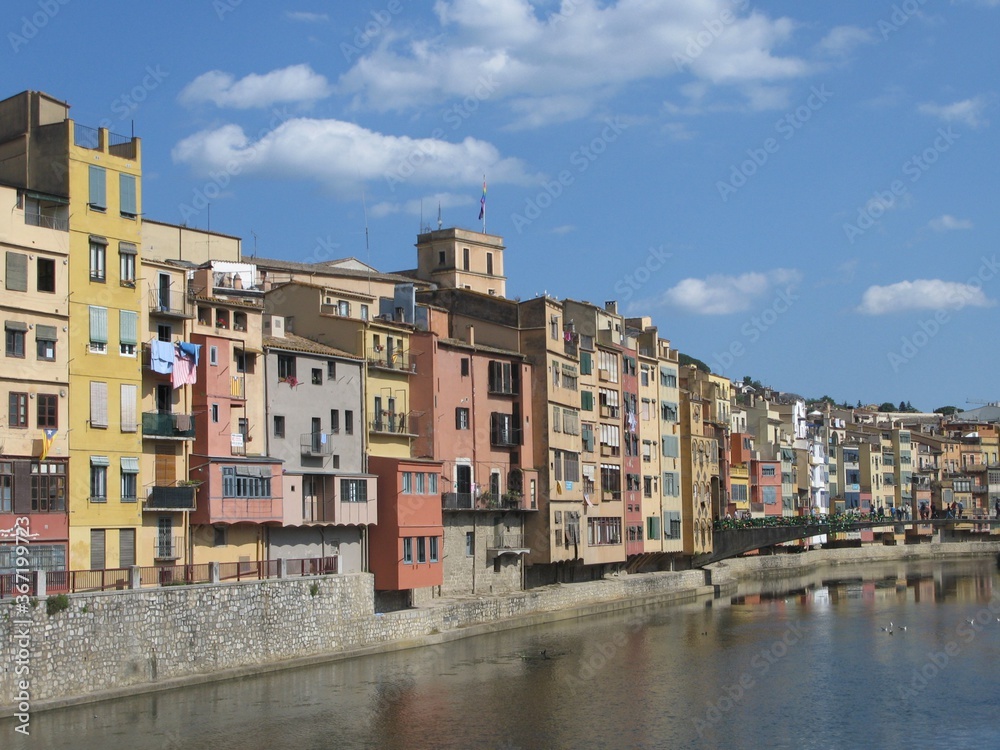 Cityscape with colorful houses by the Onyar river in Girona, Catalunya, Spain