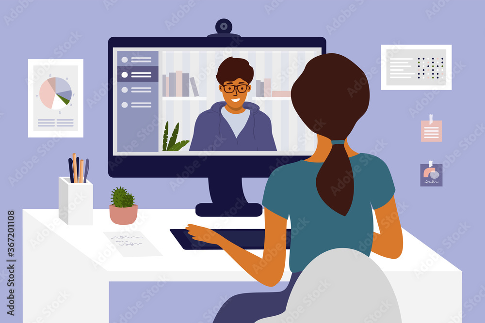 Man and woman make video call. Hiring, job interview, employment. Team work, partners talk, networking or conference by computer. Online courses, studying or education. Home office vector illustration Man and woman make video call. Hiring, job interview, employment. Team work, partners talk, networking or conference by computer. Online courses, studying or education. Home office vector illustration