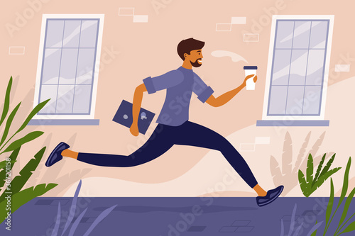 Young man with coffee cup and laptop in hand runs down the street to work. Worker racing to office. Job seeker hurrying up to interview. Freelancer or programmer. Hipster lifestyle vector illustration