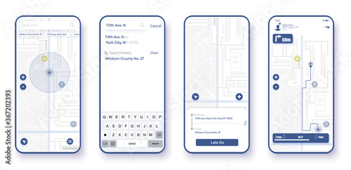 Map GPS navigation, Smartphone map application and red pinpoint on screen, App search map navigation.  Public transport locations screen. Flat UI, UX for application. City map with GPS tags on display