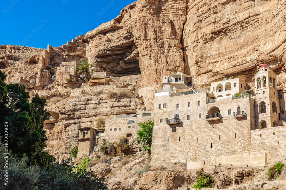 Orthodox Monastery of St. George Hosevit (Mar Jaris) in the Wadi Kelt Gorge. Judean desert near Jericho. Palestine, Israel.