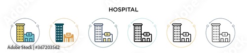 Hospital icon in filled, thin line, outline and stroke style. Vector illustration of two colored and black hospital vector icons designs can be used for mobile, ui, web