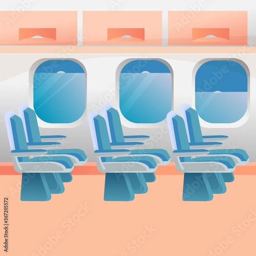 Empty plane salon. Vector graphic illustration in flat design. Sitting places, luggage cabin, illuminators. Bright colorful composition. Travel, vacation, trip concept. 