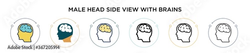 Male head side view with brains icon in filled, thin line, outline and stroke style. Vector illustration of two colored and black male head side view with brains vector icons designs can be used for