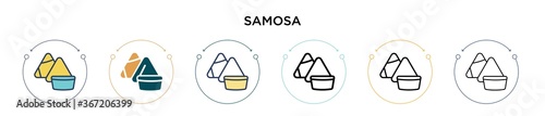 Samosa icon in filled, thin line, outline and stroke style. Vector illustration of two colored and black samosa vector icons designs can be used for mobile, ui, web