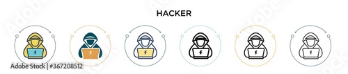 Hacker icon in filled, thin line, outline and stroke style. Vector illustration of two colored and black hacker vector icons designs can be used for mobile, ui, web