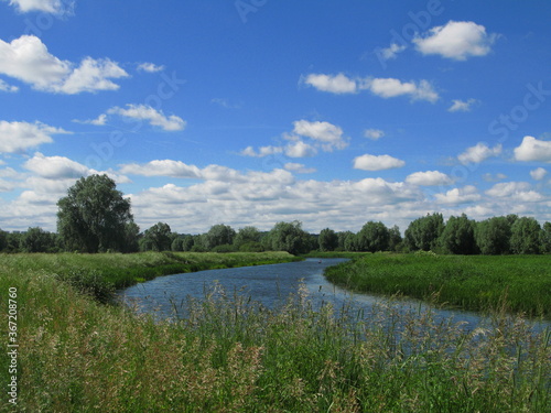 Rural landscape with Motlawa river in Olszynka district at the far end of Gdansk - blue sky with some clouds, river and green grass © Slawina