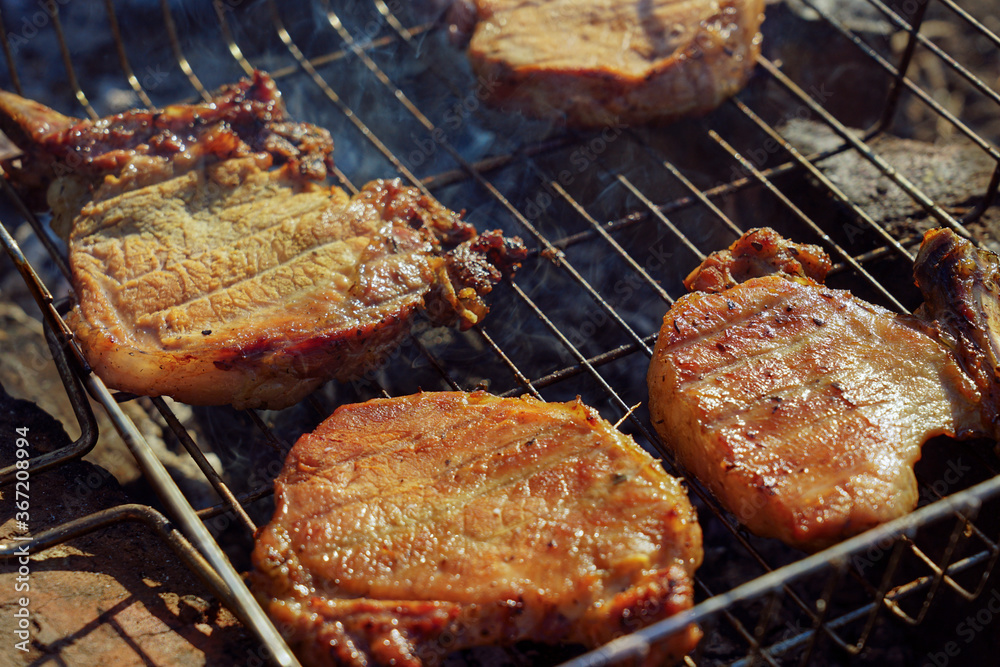 Grilled meat, lie in a pan near the fire Grilled meat, lie in a pan near the fire