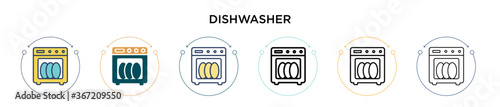 Dishwasher icon in filled, thin line, outline and stroke style. Vector illustration of two colored and black dishwasher vector icons designs can be used for mobile, ui, web