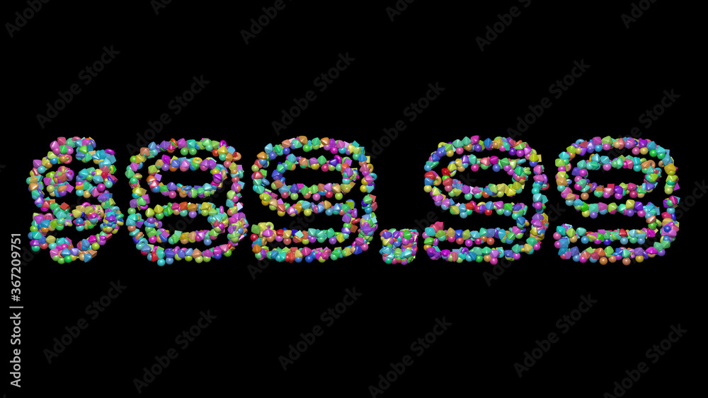 $89.: 3D illustration of the text made of small objects over a black background with shadows $89.: 3D illustration of the text made of small objects over a black background with shadows