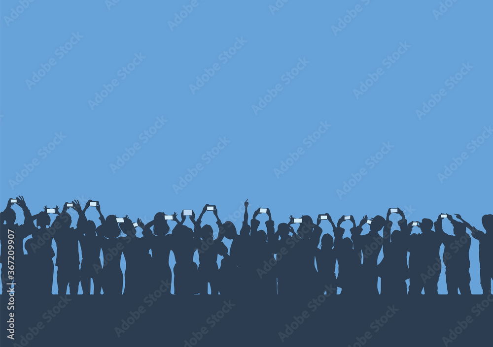 Naklejka premium Silhouettes of spectators with smartphones on a blue screen background