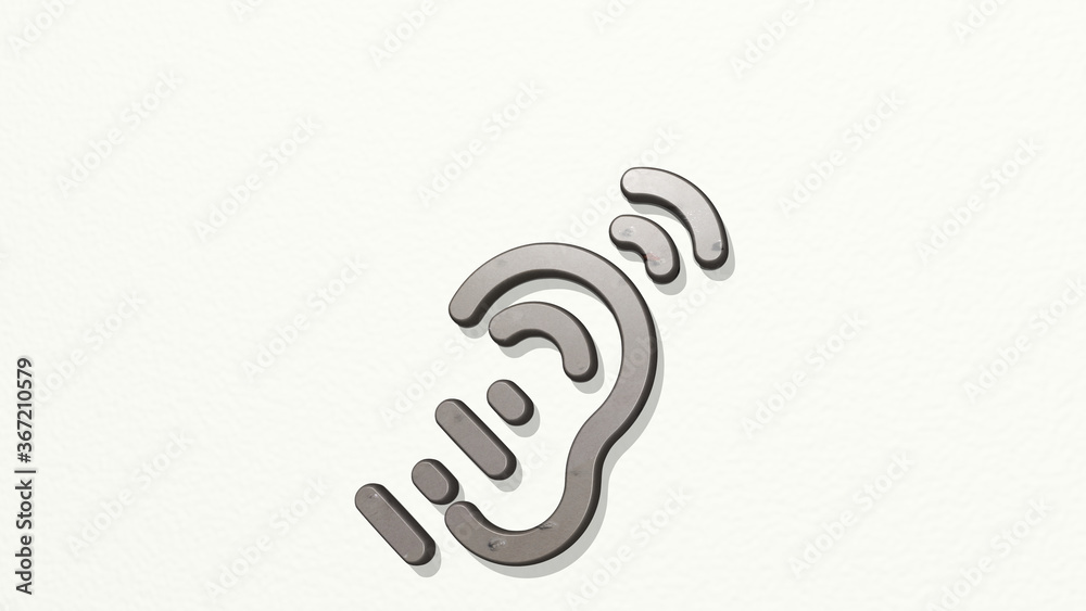 disability hearing on the wall. 3D illustration of metallic sculpture over a white background with mild texture. disabled and wheelchair
