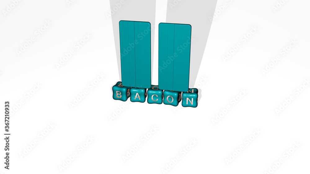 3D representation of BACON with icon on the wall and text arranged by metallic cubic letters on a mirror floor for concept meaning and slideshow presentation. background and cheese 3D representation of BACON with icon on the wall and text arranged by metallic cubic letters on a mirror floor for concept meaning and slideshow presentation. background and cheese