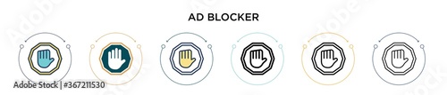 Ad blocker icon in filled, thin line, outline and stroke style. Vector illustration of two colored and black ad blocker vector icons designs can be used for mobile, ui, web