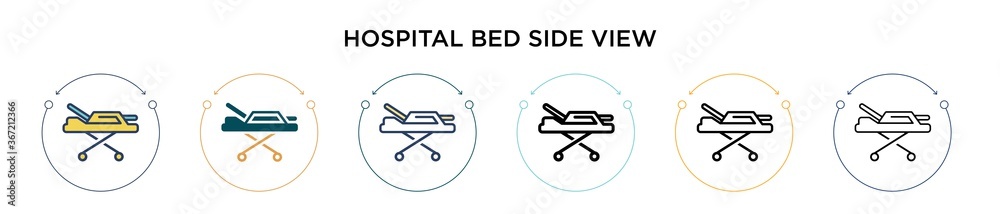 Hospital bed side view icon in filled, thin line, outline and stroke style. Vector illustration of two colored and black hospital bed side view vector icons designs can be used for mobile, ui, web